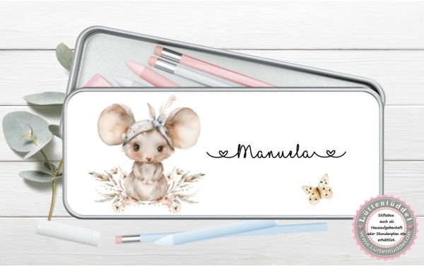 zuckersüße Stiftebox Geschenkdose Metall Maus Kopftuch Name personalisiert zur Einschulung oder nur so für Spickzettel und kleine Briefchen   von Lüttentüddel®